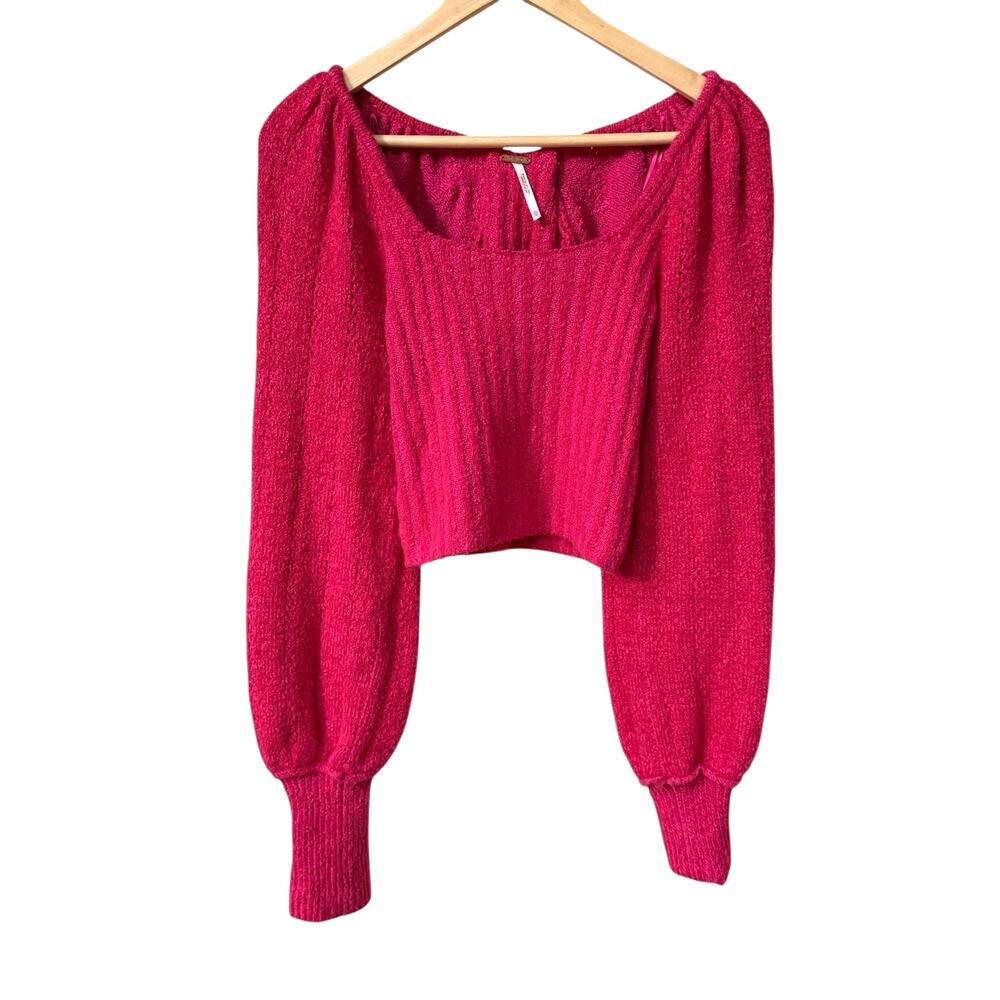 Free People Katie XS Pink Ribbed Cropped Knit Sweater Soft Cozy Puff Sleeve
